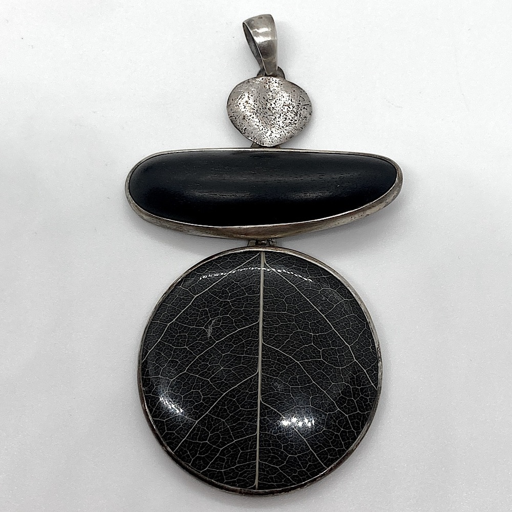 Silpada 925 Sterling Silver Black Ebony Wood Soursop Leaf Resin Pendant | 3.1” L